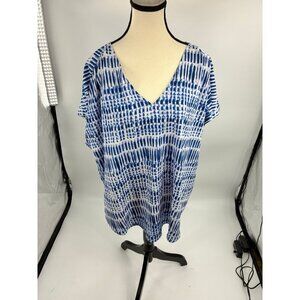 DKNY Womens Size XL Blue White Tie Dye Short Sleeve V Neck Blouse Top Casual